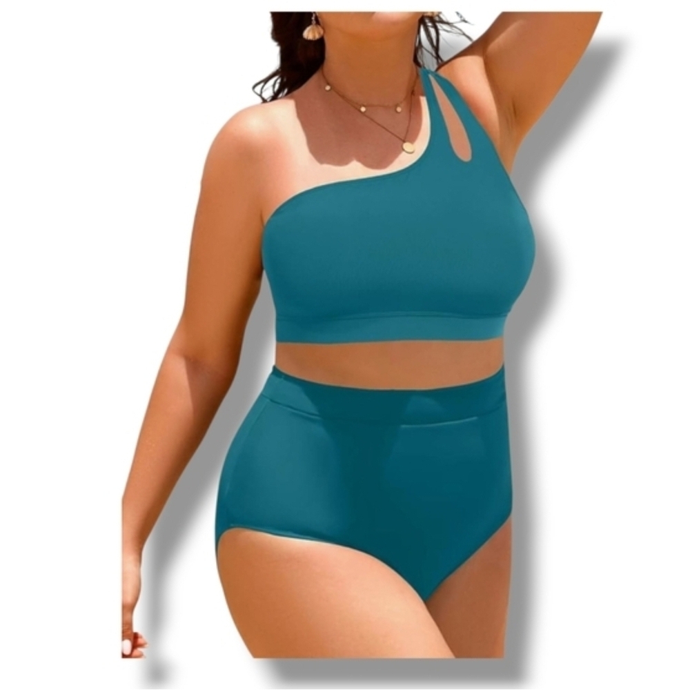 TEMPT ME - 20 Plus Teal One-Shoulder Two Piece Swimwear - Picture 2 of 14
